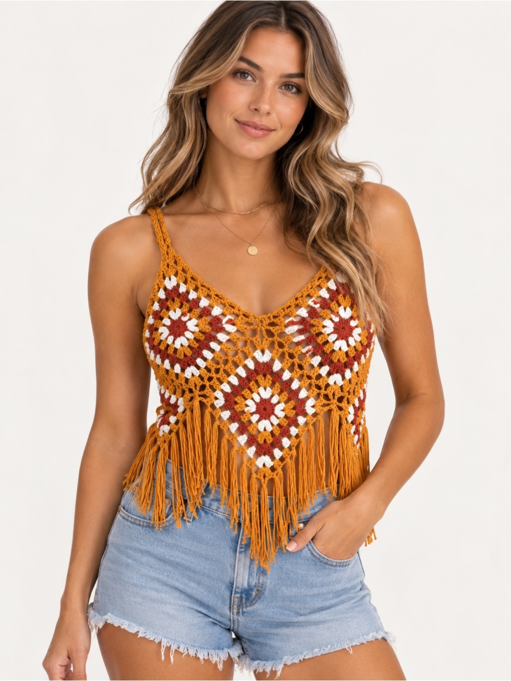 Vivid BOHO hippie Crochet Fringe Crop Top in Mustard, White & Rust large